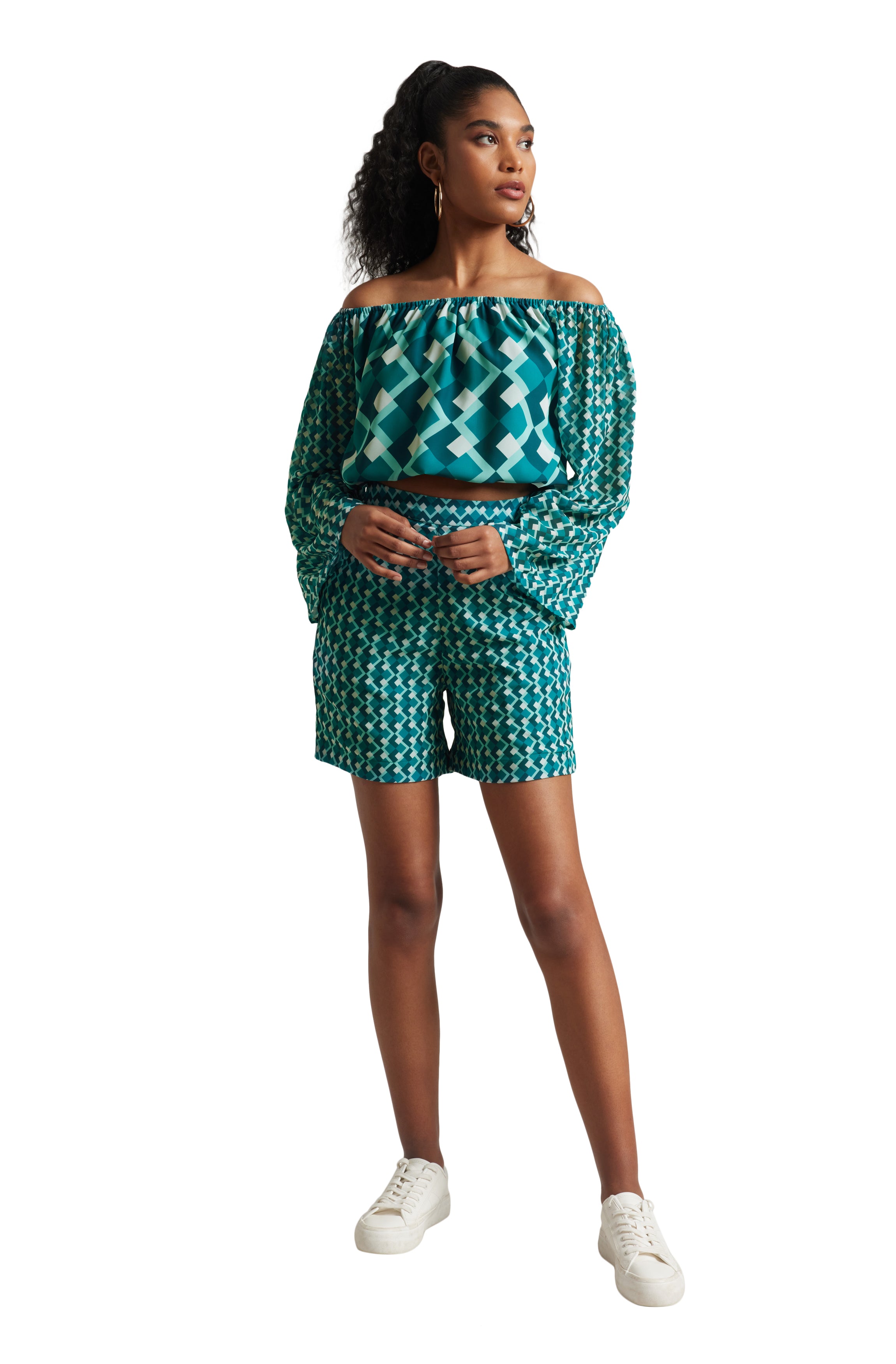 Zaccai Women's Teal Georgette Geometric Co-ord Set - Distacart