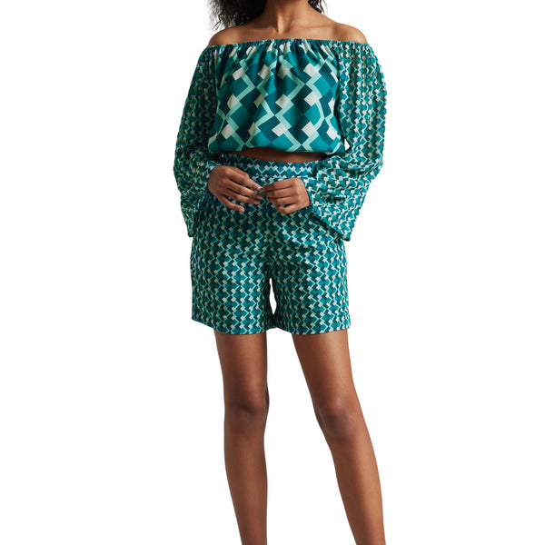 Zaccai Women's Teal Georgette Geometric Co-ord Set - Distacart