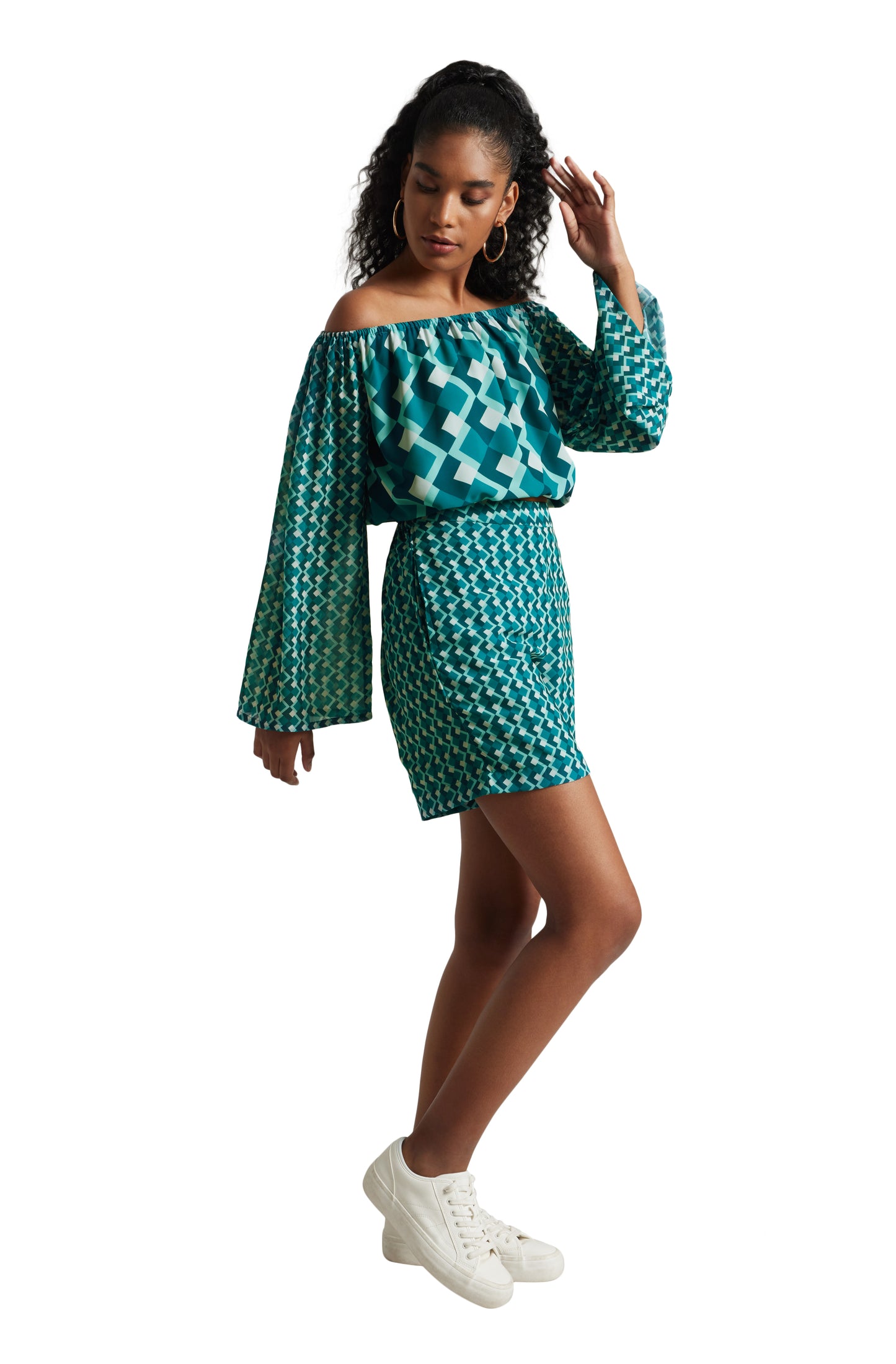 Zaccai Women's Teal Georgette Geometric Co-ord Set - Distacart