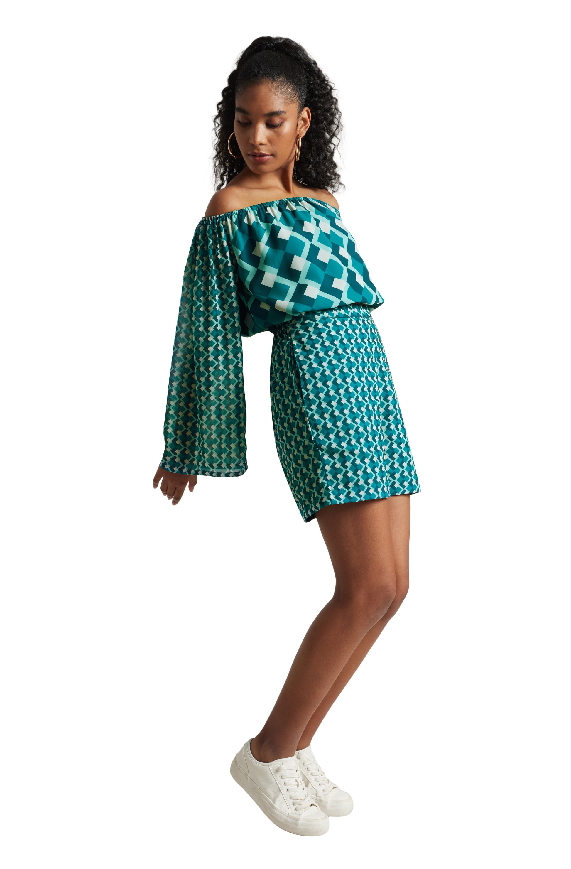 Zaccai Women's Teal Georgette Geometric Co-ord Set - Distacart