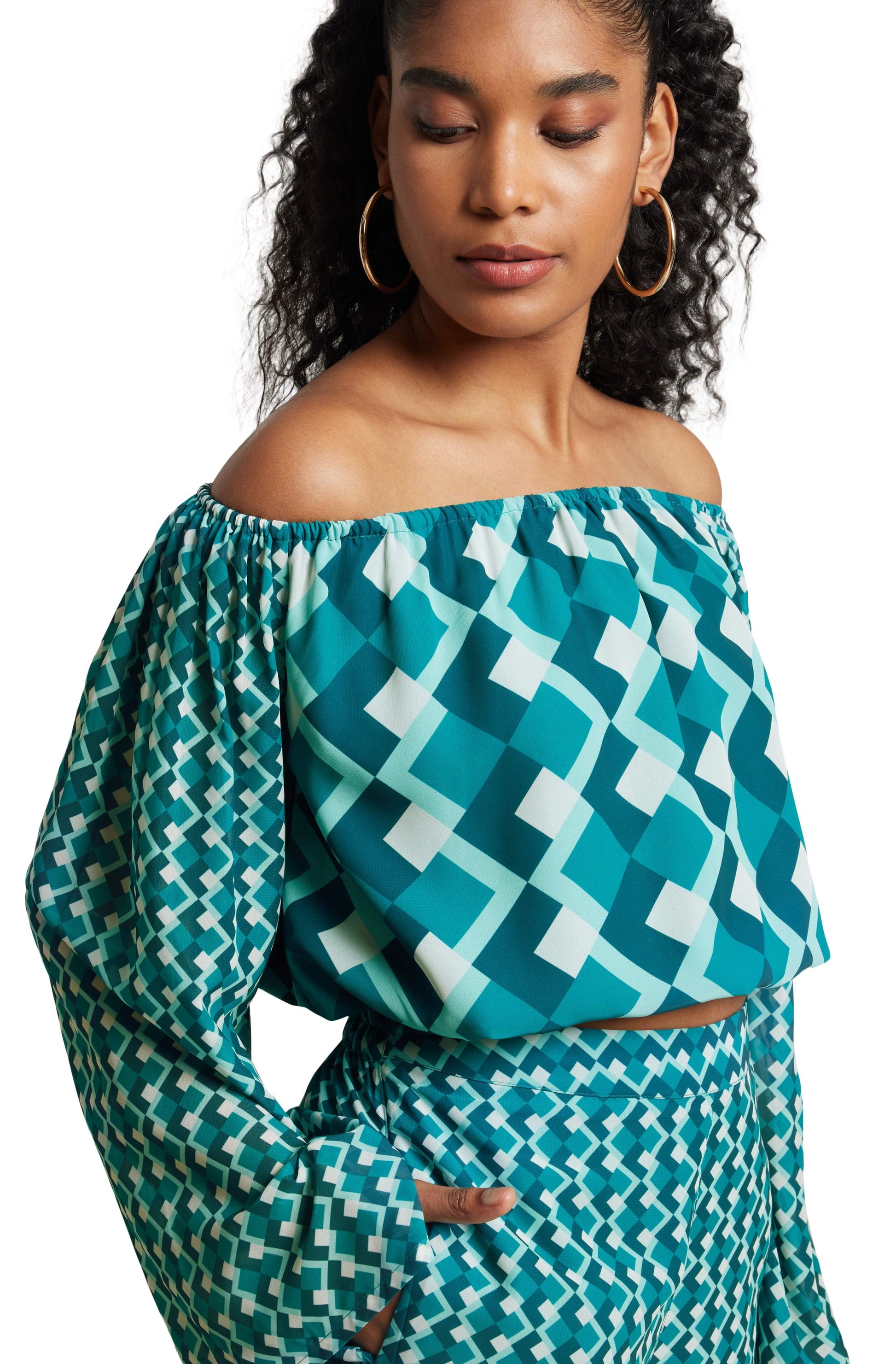 Zaccai Women's Teal Georgette Geometric Co-ord Set - Distacart