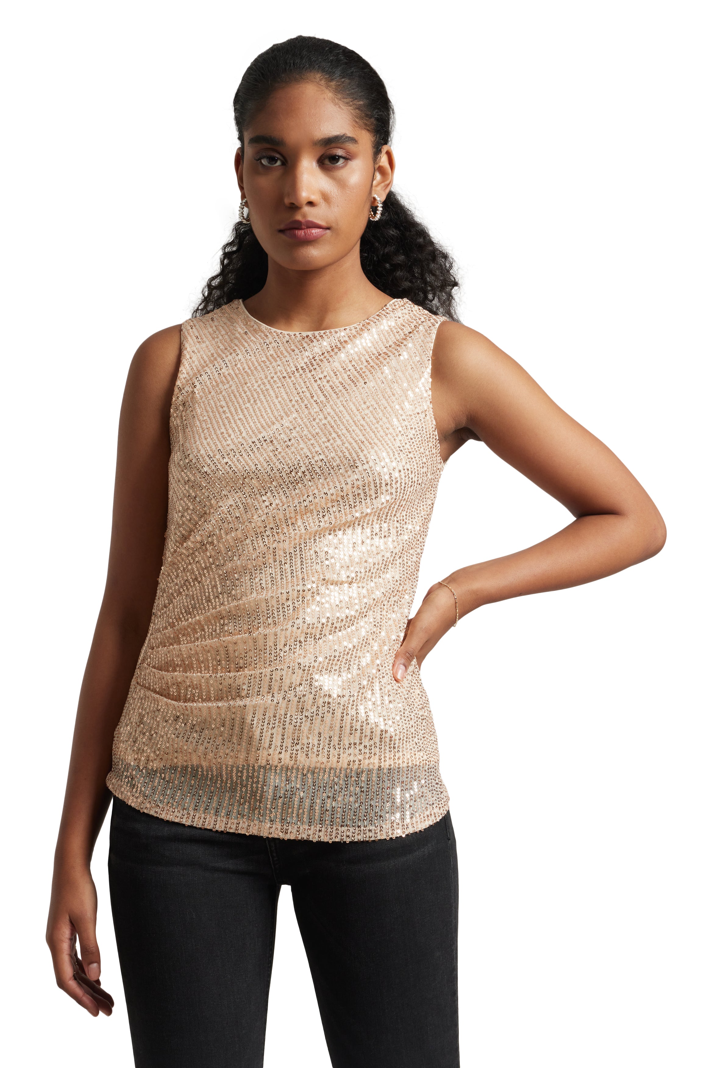 Zaccai Women's Champagne Poly Elastane Sequined Top - Distacart