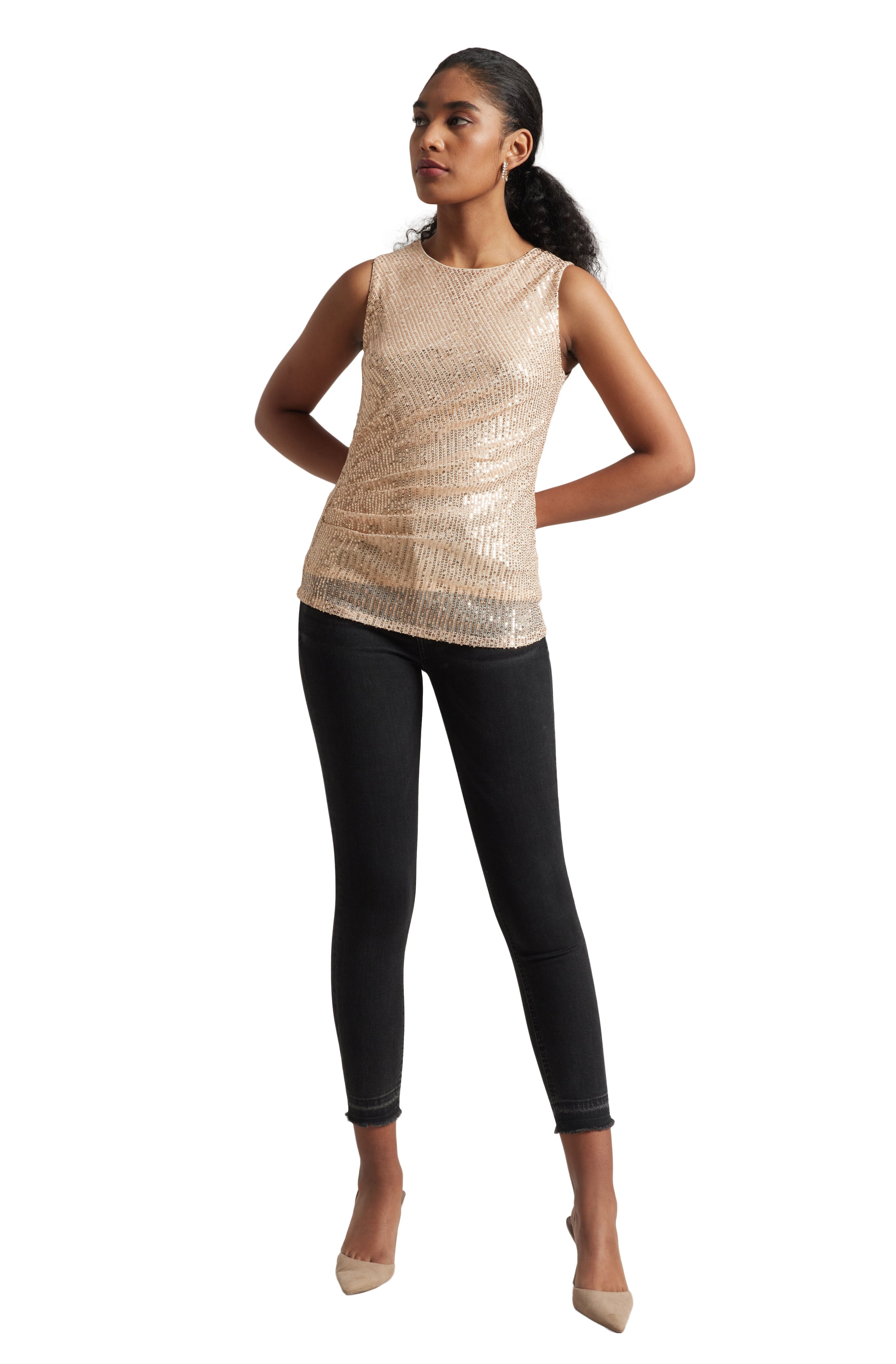 Zaccai Women's Champagne Poly Elastane Sequined Top - Distacart