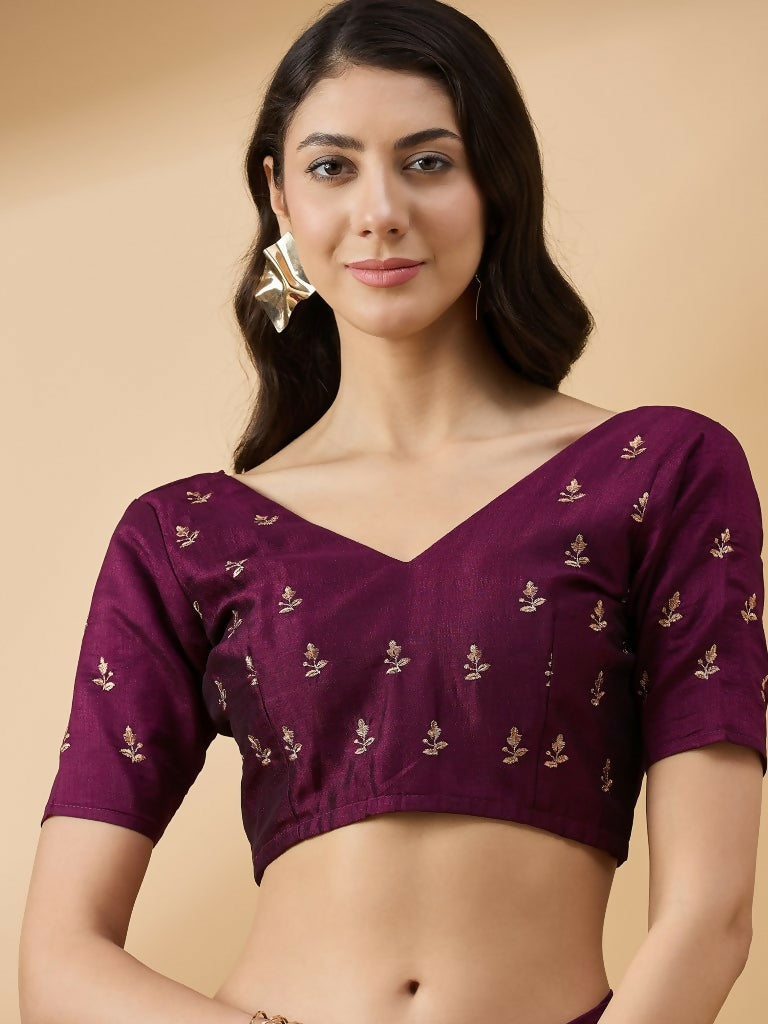 Purple Silk Blend Embroidered Saree with Unstitched Blouse - Vairagi - Distacart