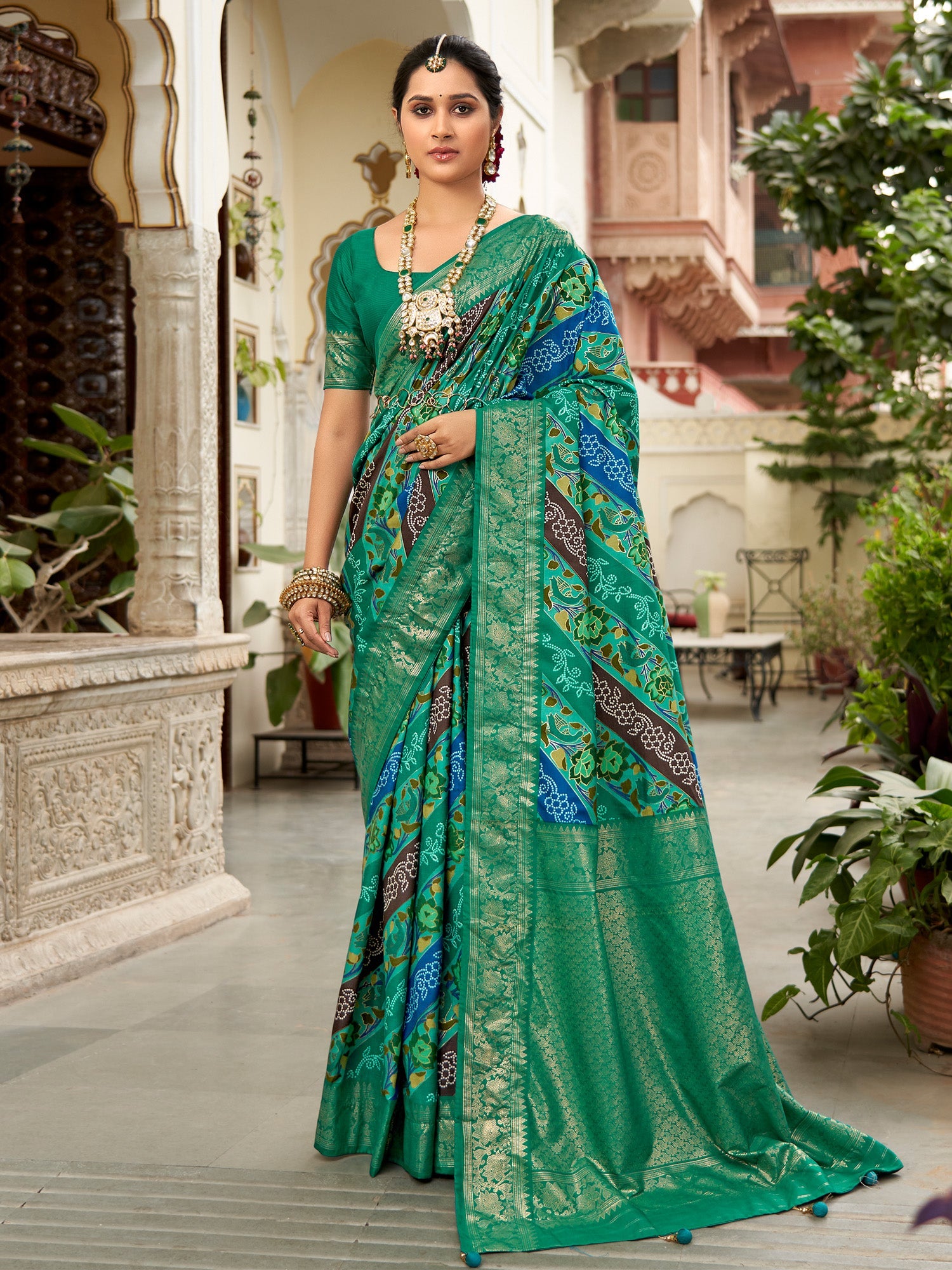 NOZ2TOZ Women's Tussar Silk Teal green Printed Designer Saree With Blouse Piece - Distacart