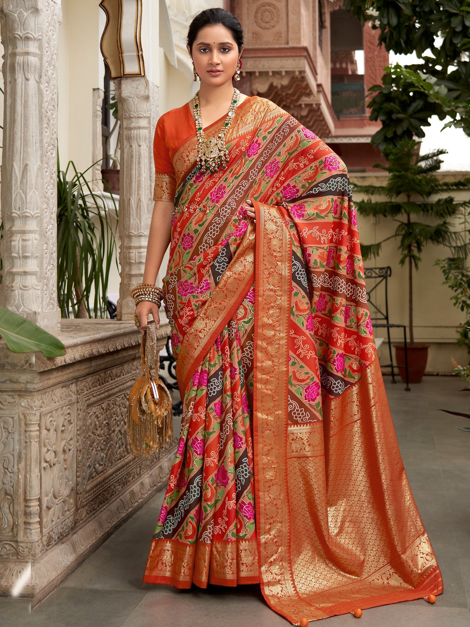 NOZ2TOZ Women's Tussar Silk Orange Printed Designer Saree With Blouse Piece - Distacart