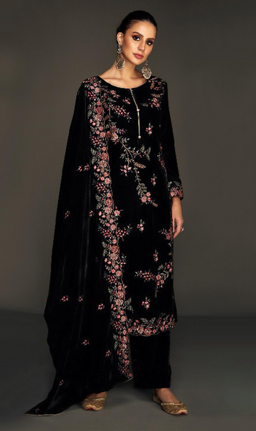 Anaita Black Pure Velvet Stitched Suit with Heavy Embroidery Sequence Work - Distacart