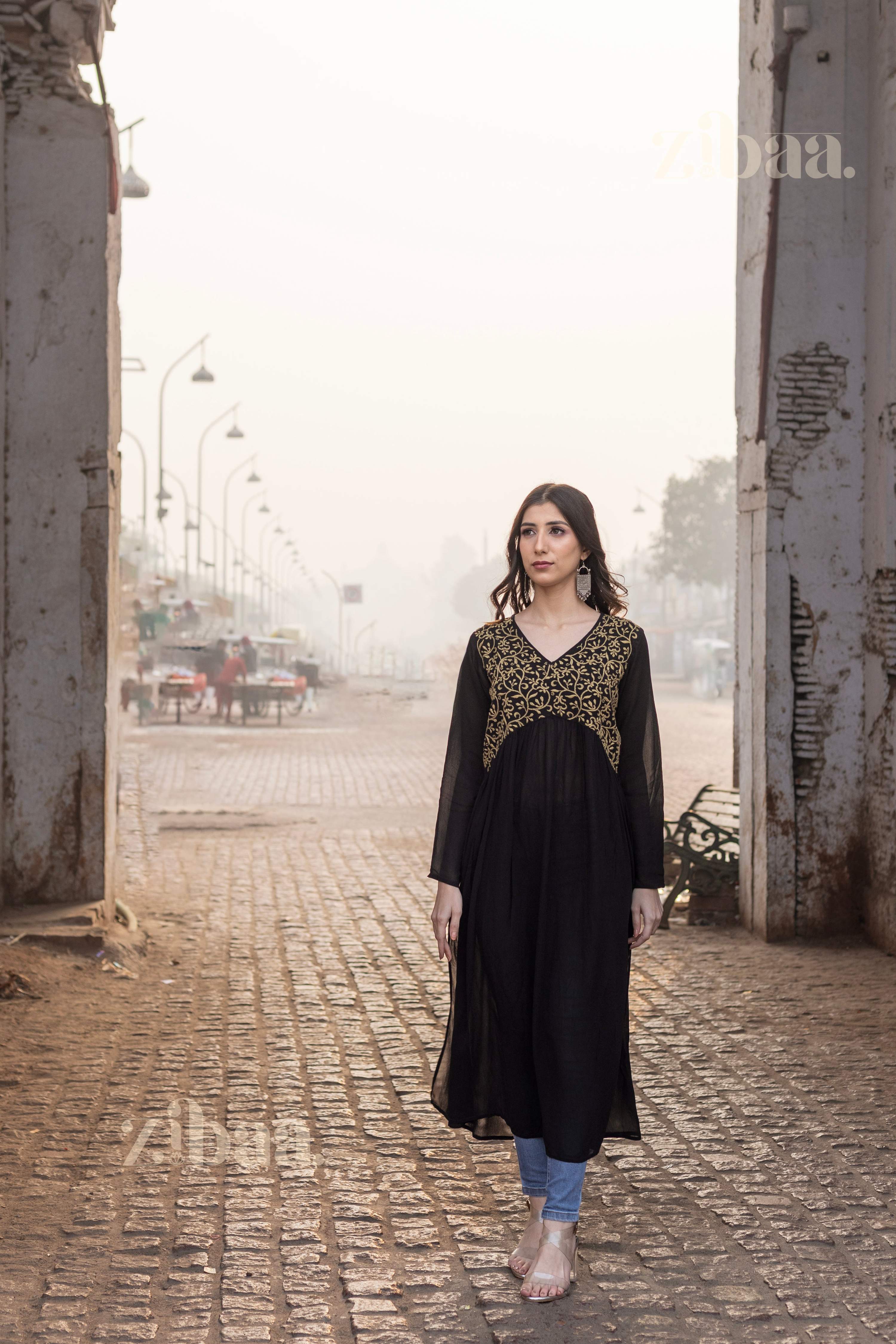 Zibaa Black Georgette Nyra Cut Chikankari Kurti