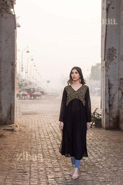 Zibaa Black Georgette Nyra Cut Chikankari Kurti