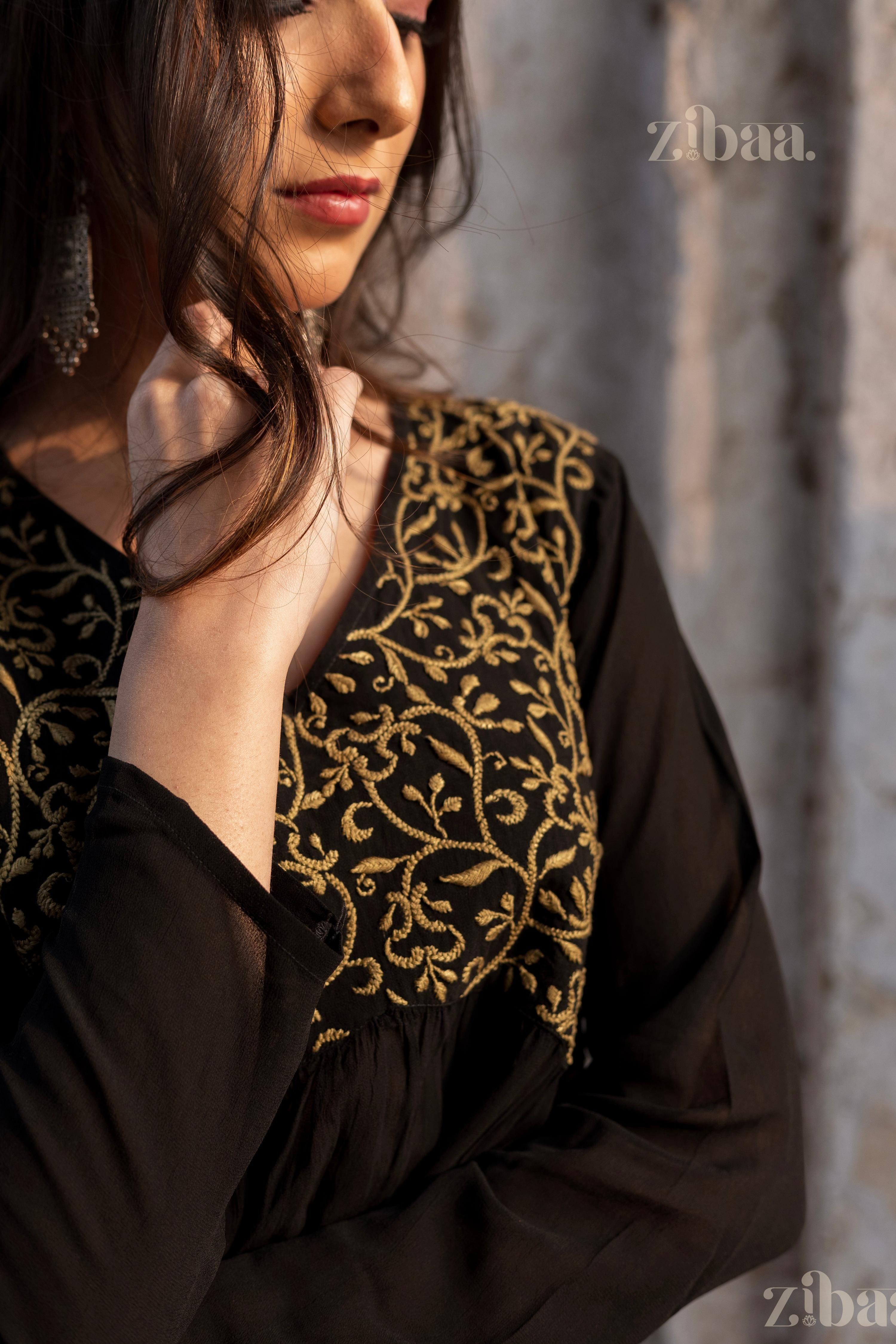 Zibaa Black Georgette Nyra Cut Chikankari Kurti