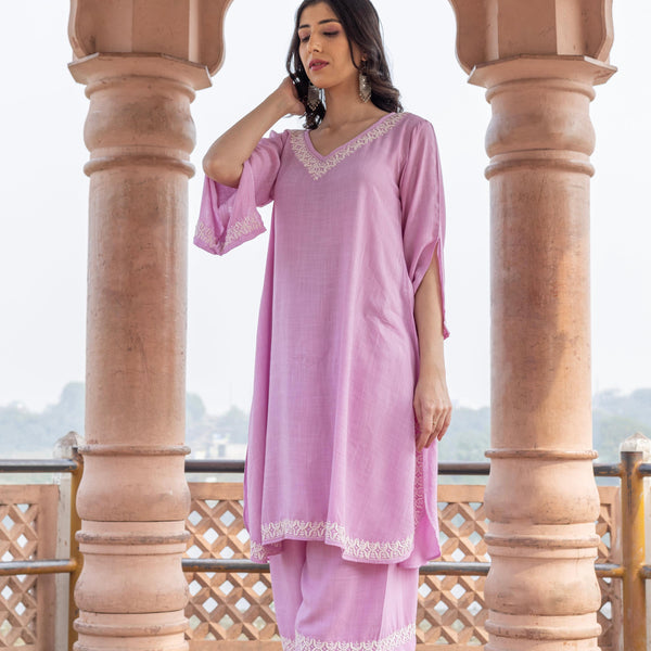 Zibaa Lilac Rayon Chikankari Co-ord Set