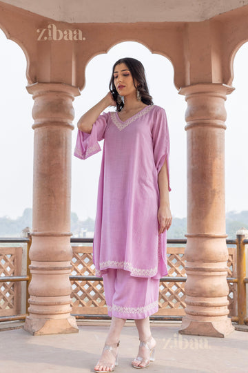 Zibaa Lilac Rayon Chikankari Co-ord Set - Distacart