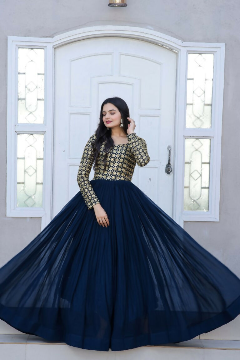 Jyoti Fashion Women's Navy Blue Sequence Zari Embroidered Faux Blooming Anarkali Dress - Distacart