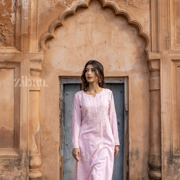 Zibaa Modal Blush Pink Long Chikankari Kurti