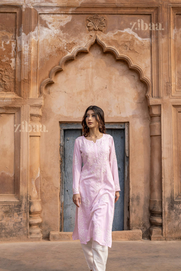 Zibaa Modal Blush Pink Long Chikankari Kurti