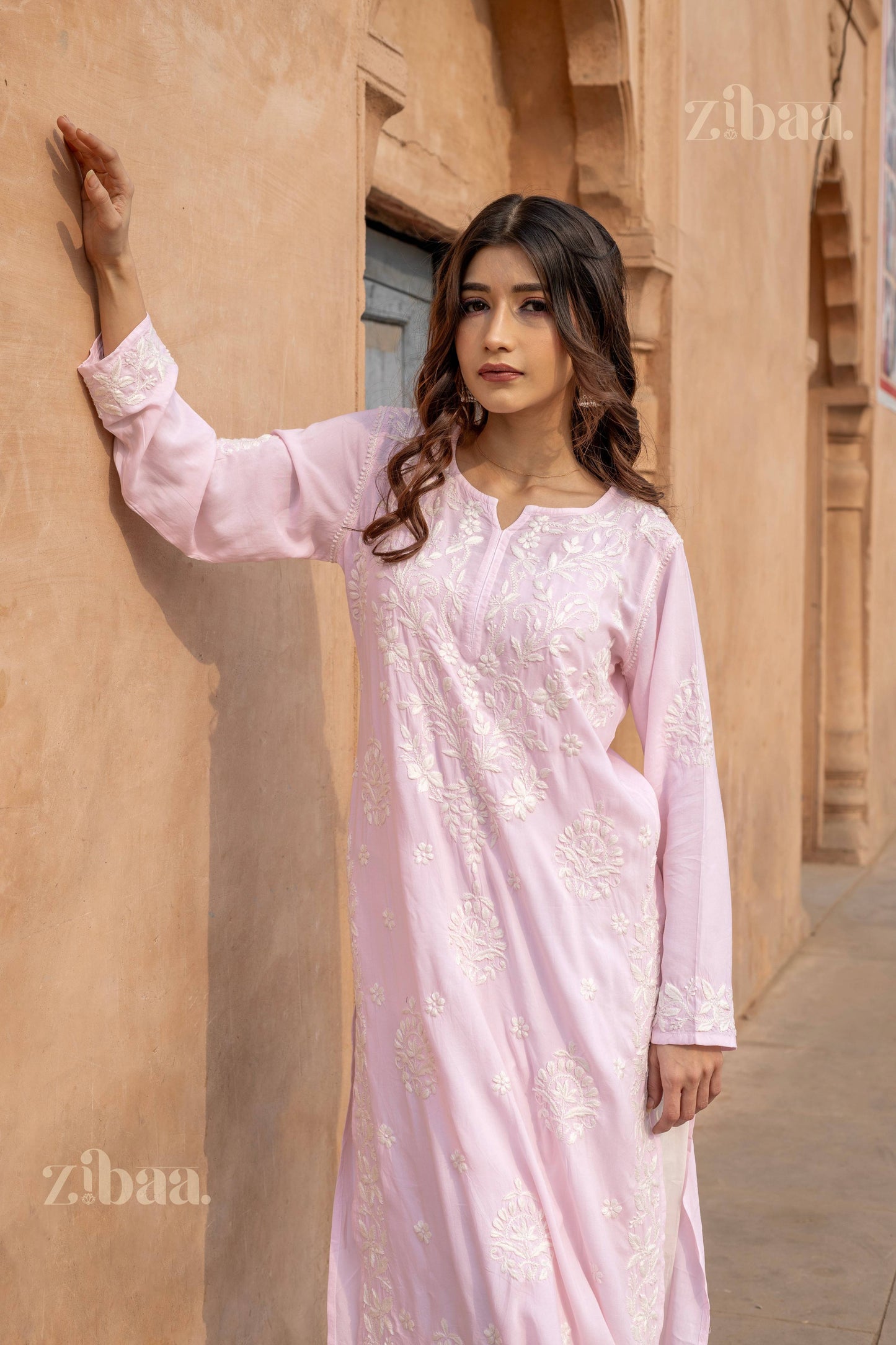 Zibaa Modal Blush Pink Long Chikankari Kurti - Distacart