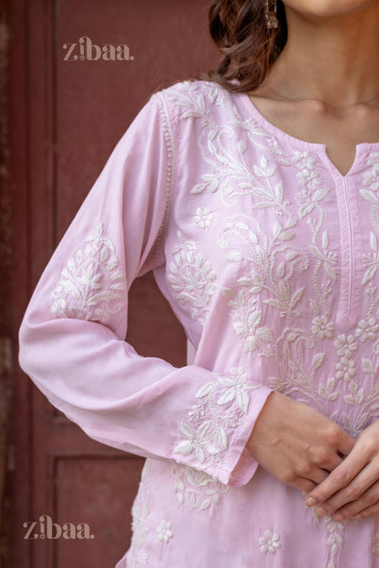 Zibaa Modal Blush Pink Long Chikankari Kurti - Distacart