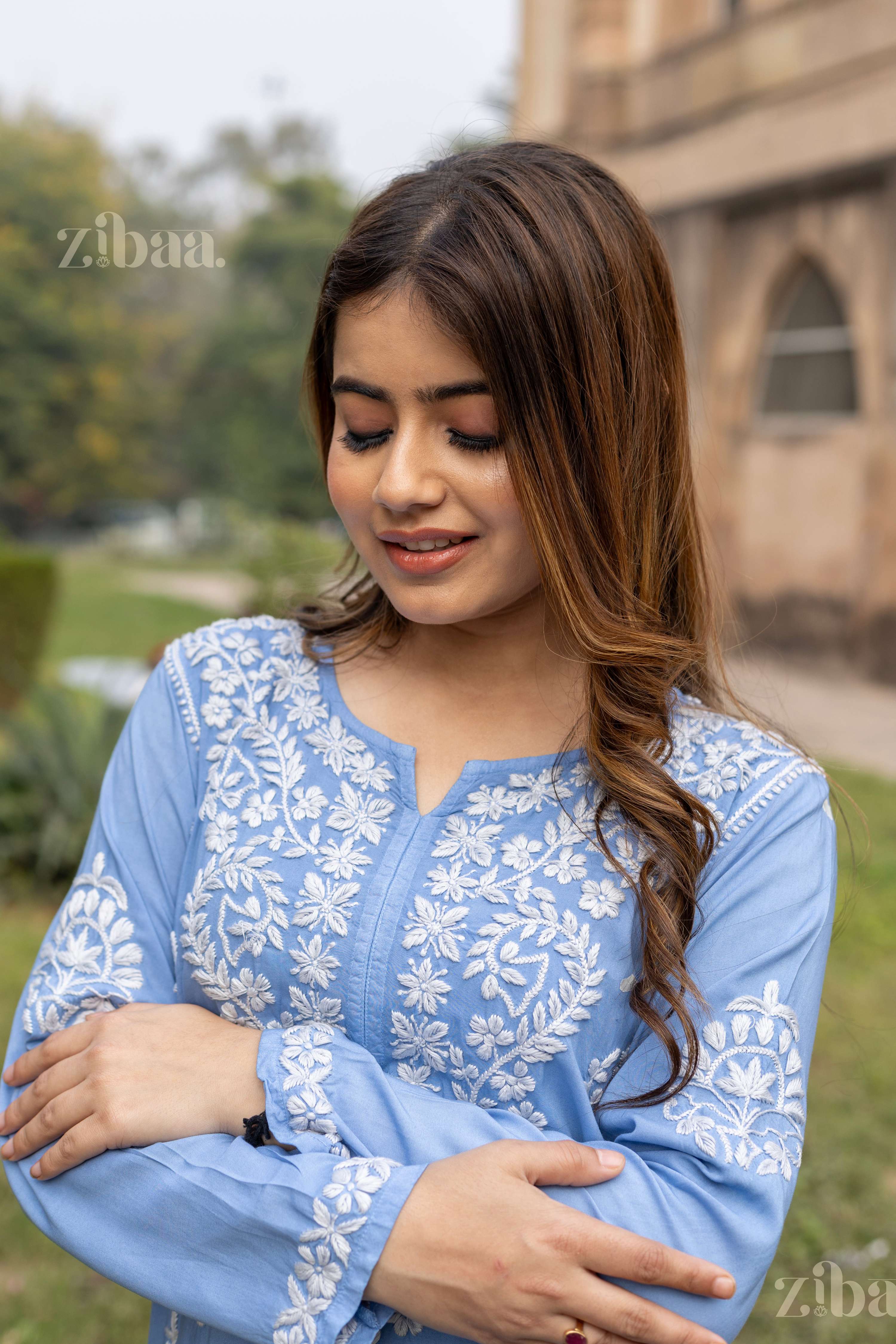 Zibaa Modal Powder Blue Long Chikankari Kurti