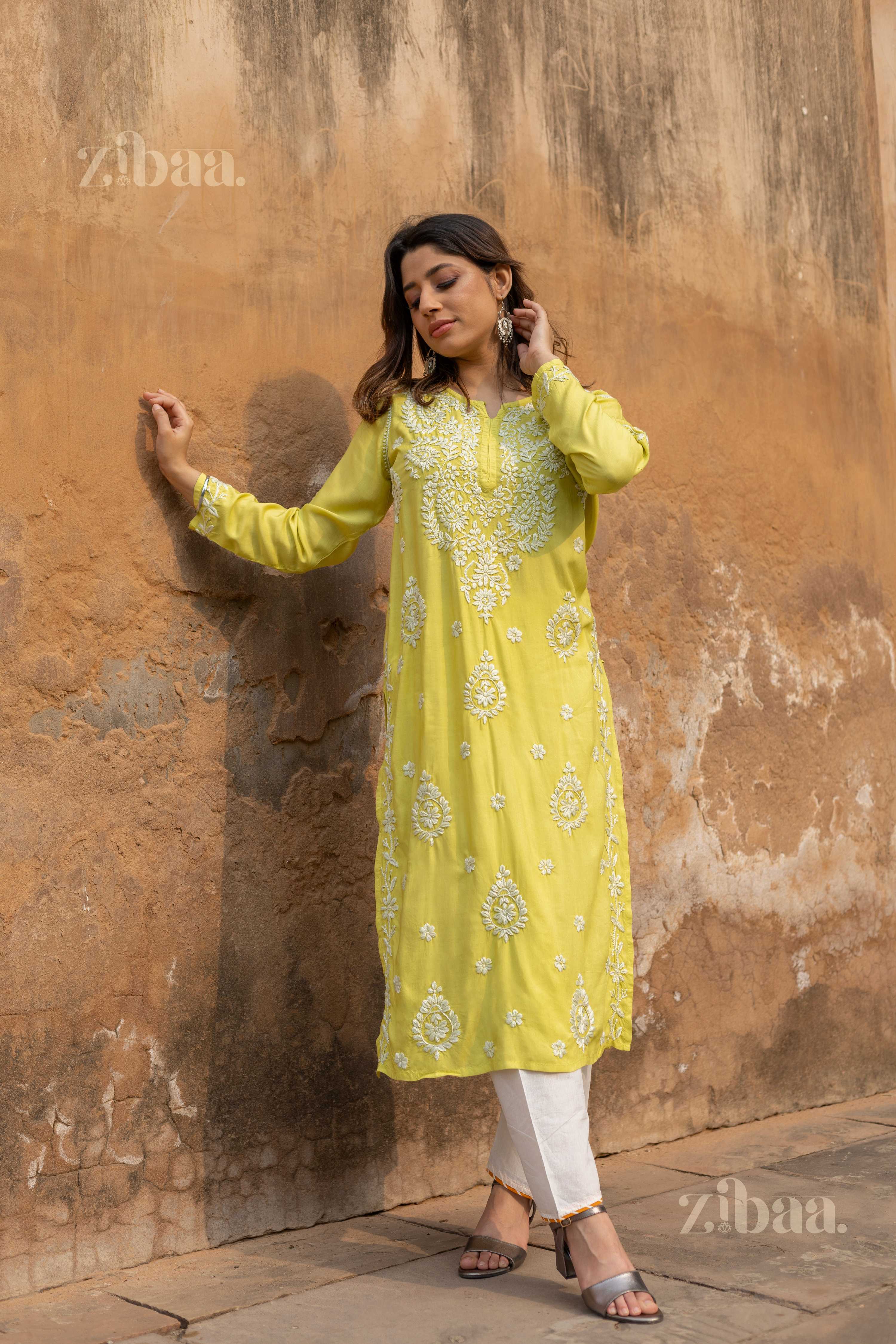 Zibaa Modal Olive Green Long Chikankari Kurti - Distacart