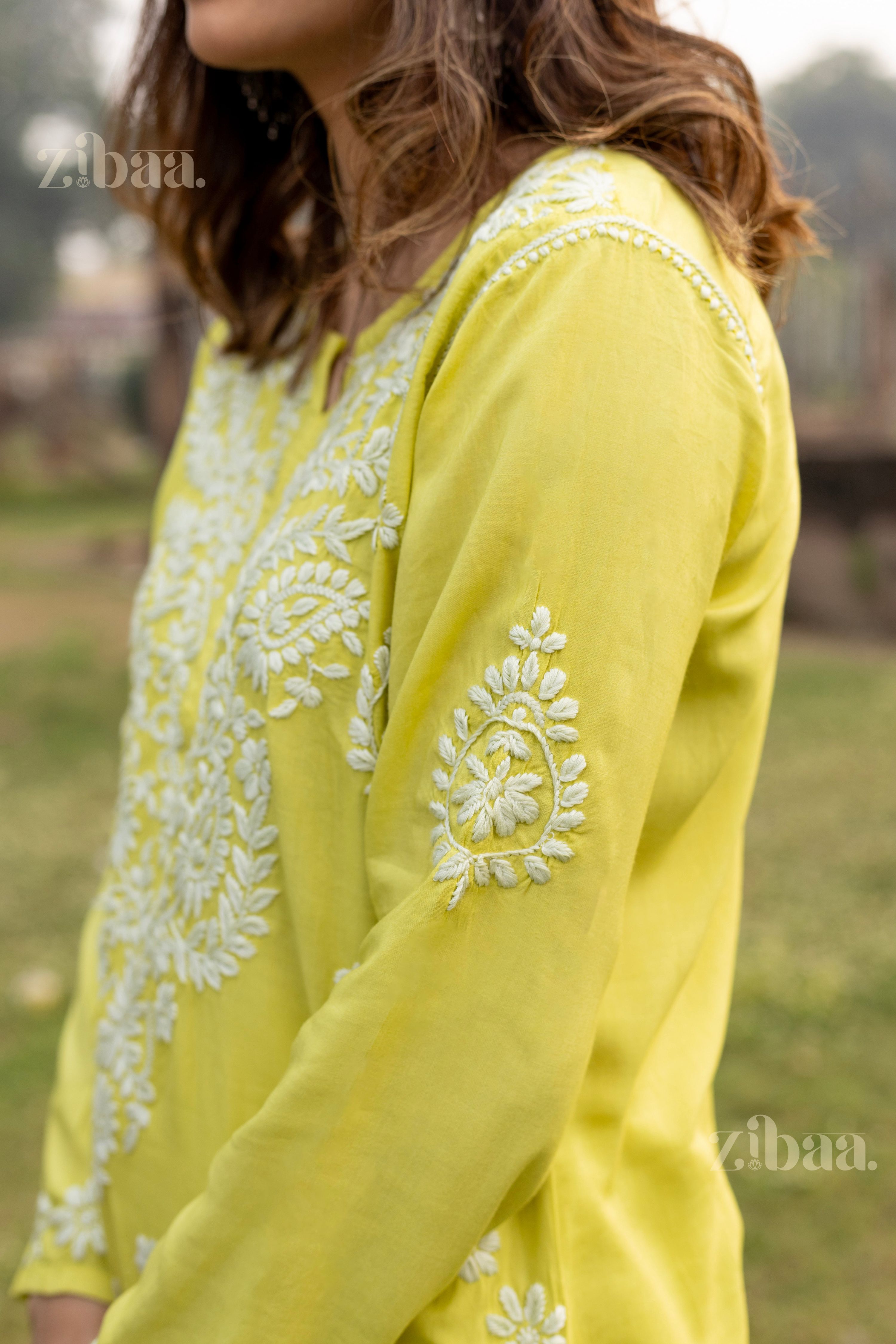 Zibaa Modal Olive Green Long Chikankari Kurti