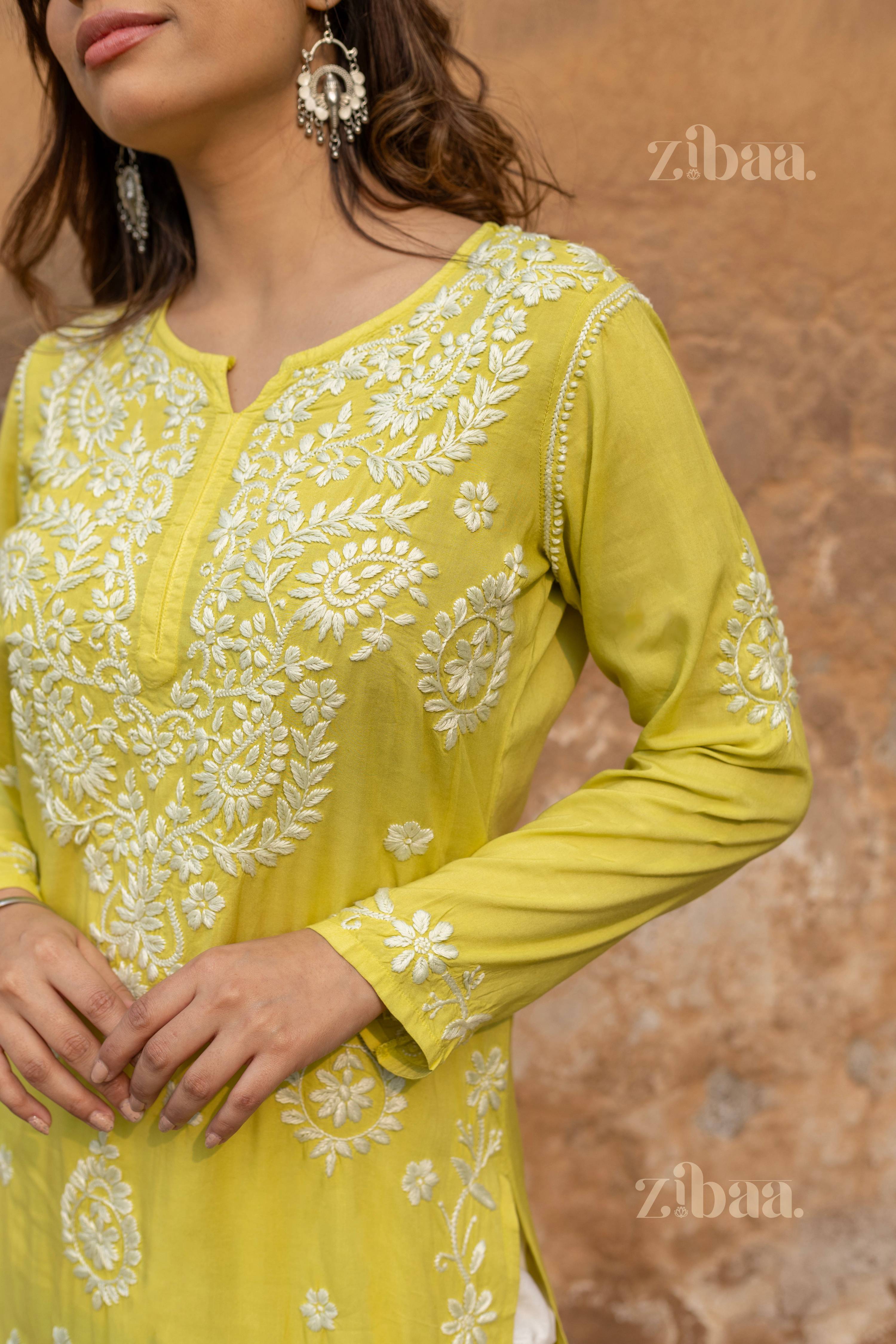 Zibaa Modal Olive Green Long Chikankari Kurti