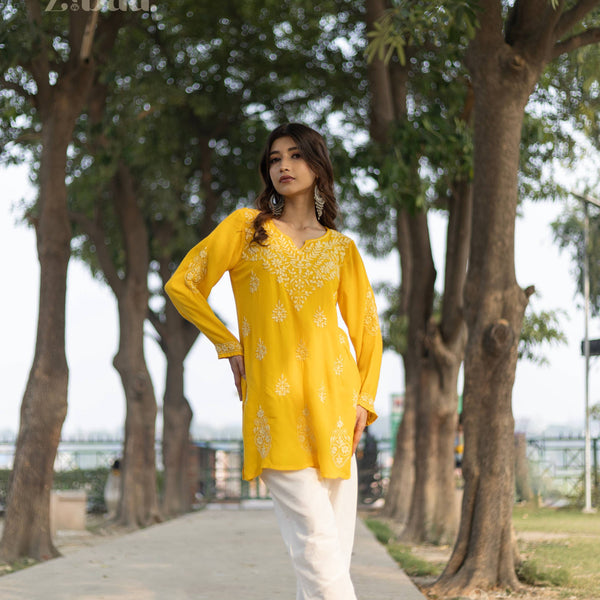 Zibaa Modal Mustard Yellow Short Chikankari Kurti