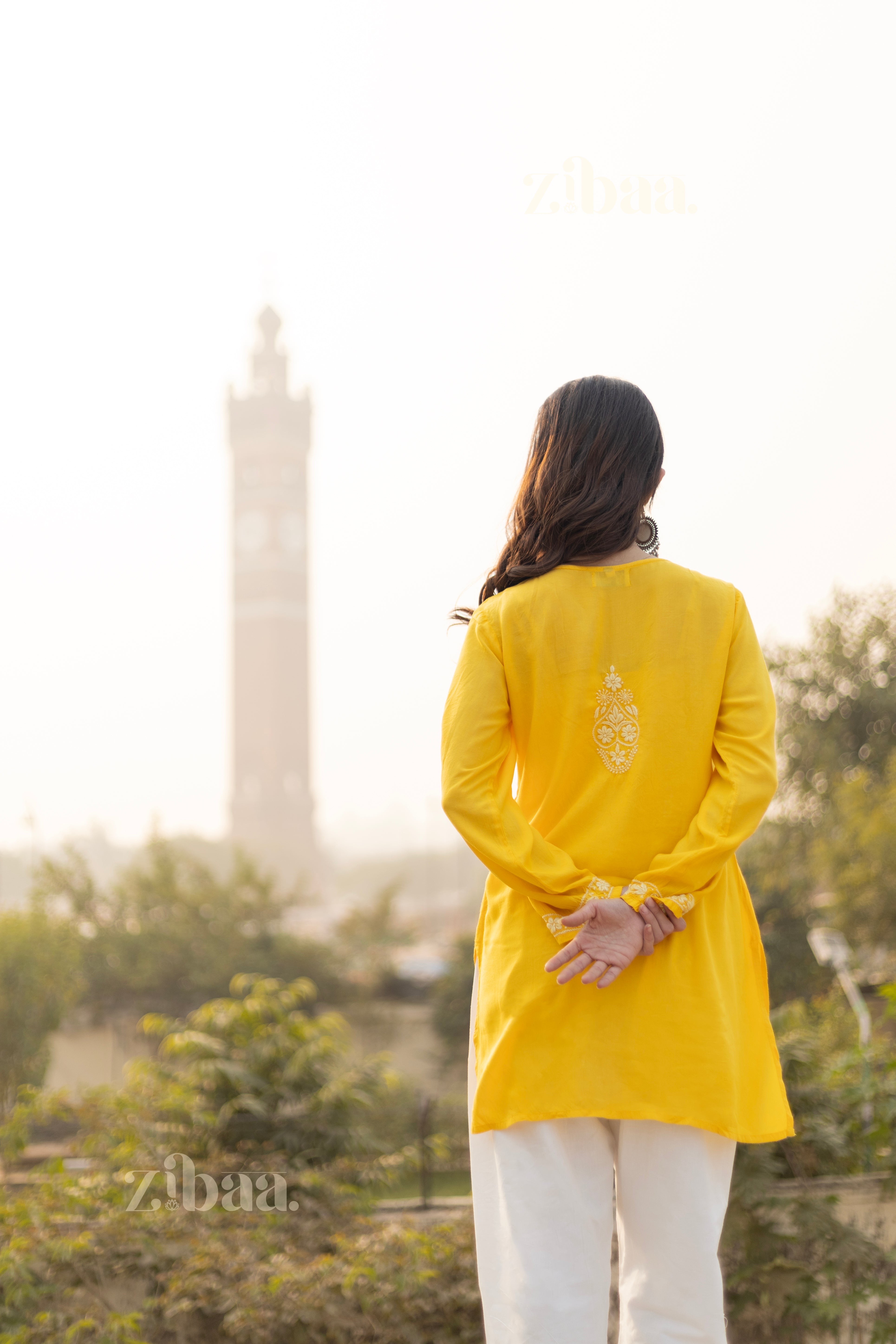 Zibaa Modal Mustard Yellow Short Chikankari Kurti