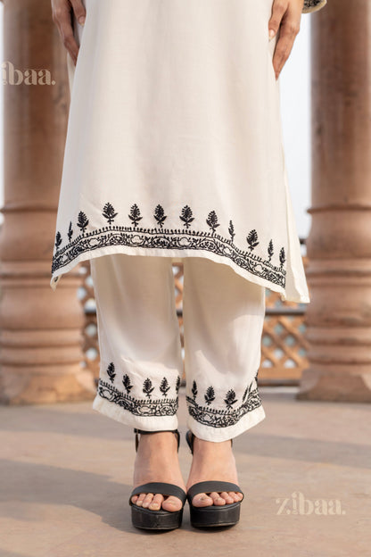 Zibaa Muslin Black & White Chikankari Co-ord Set - Distacart