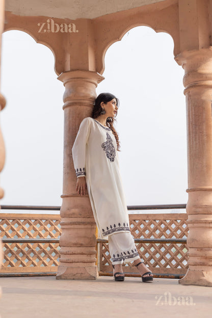 Zibaa Muslin Black & White Chikankari Co-ord Set - Distacart