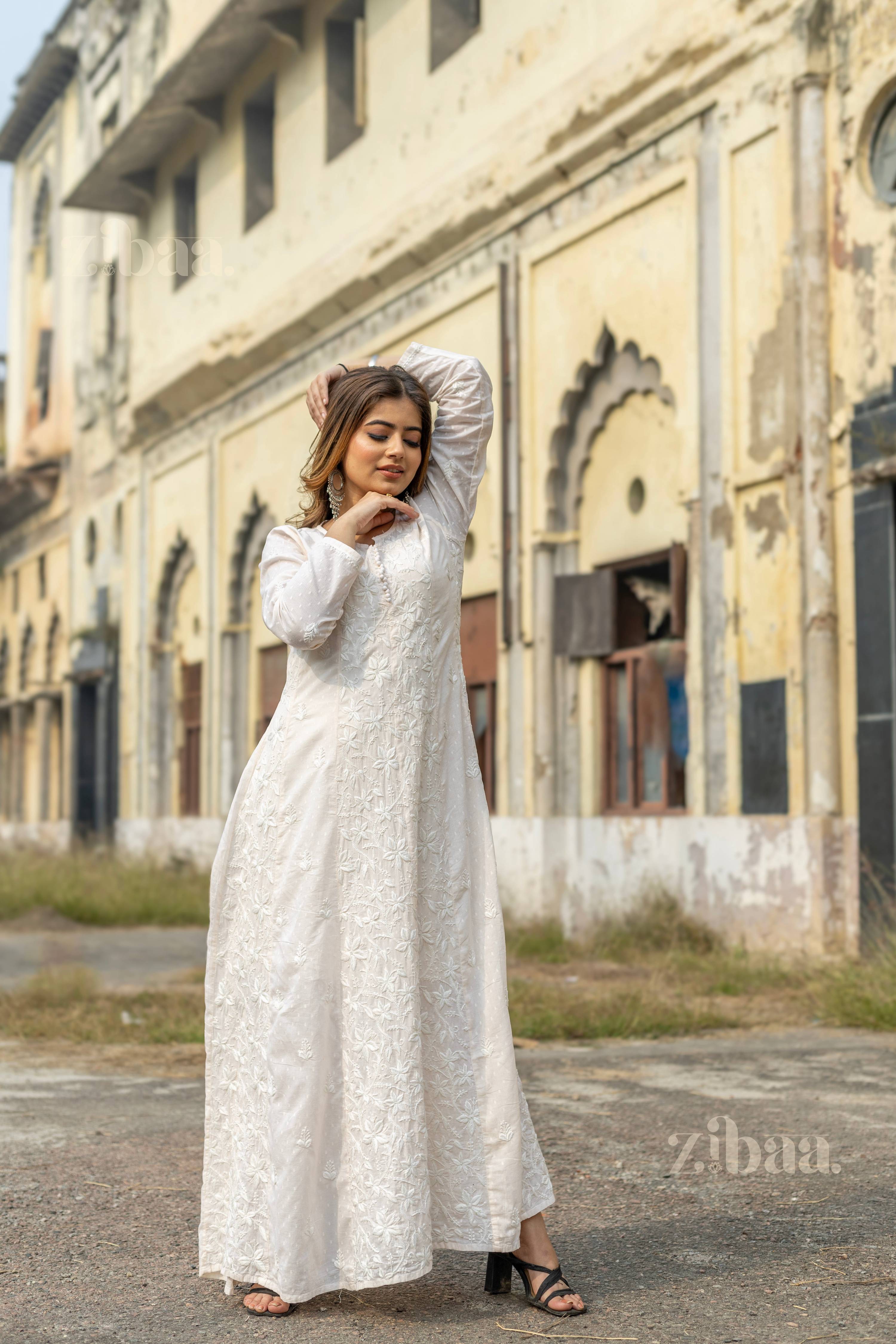 Zibaa Cotton Ivory Chikankari Anarkali