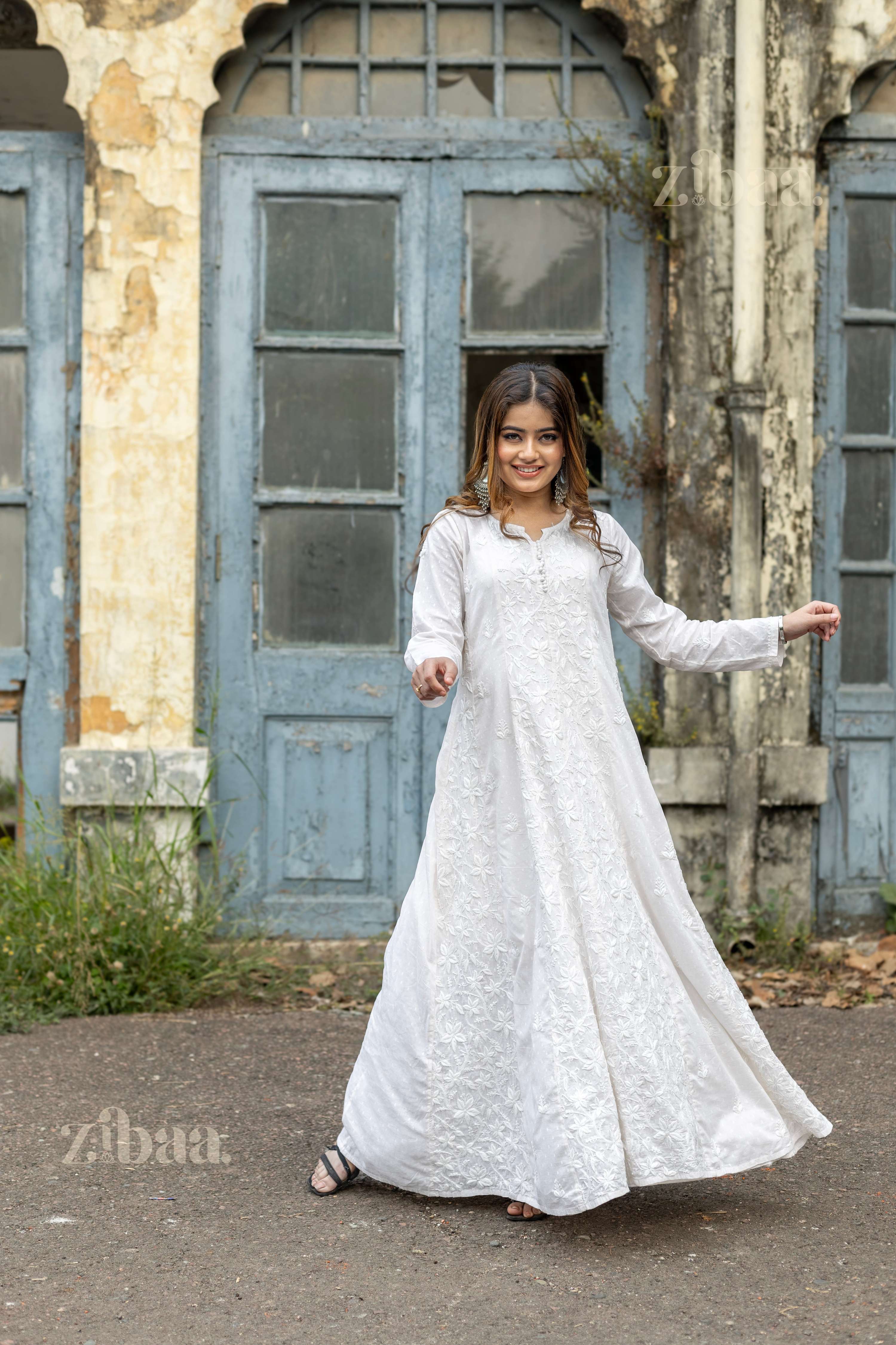 Zibaa Cotton Ivory Chikankari Anarkali