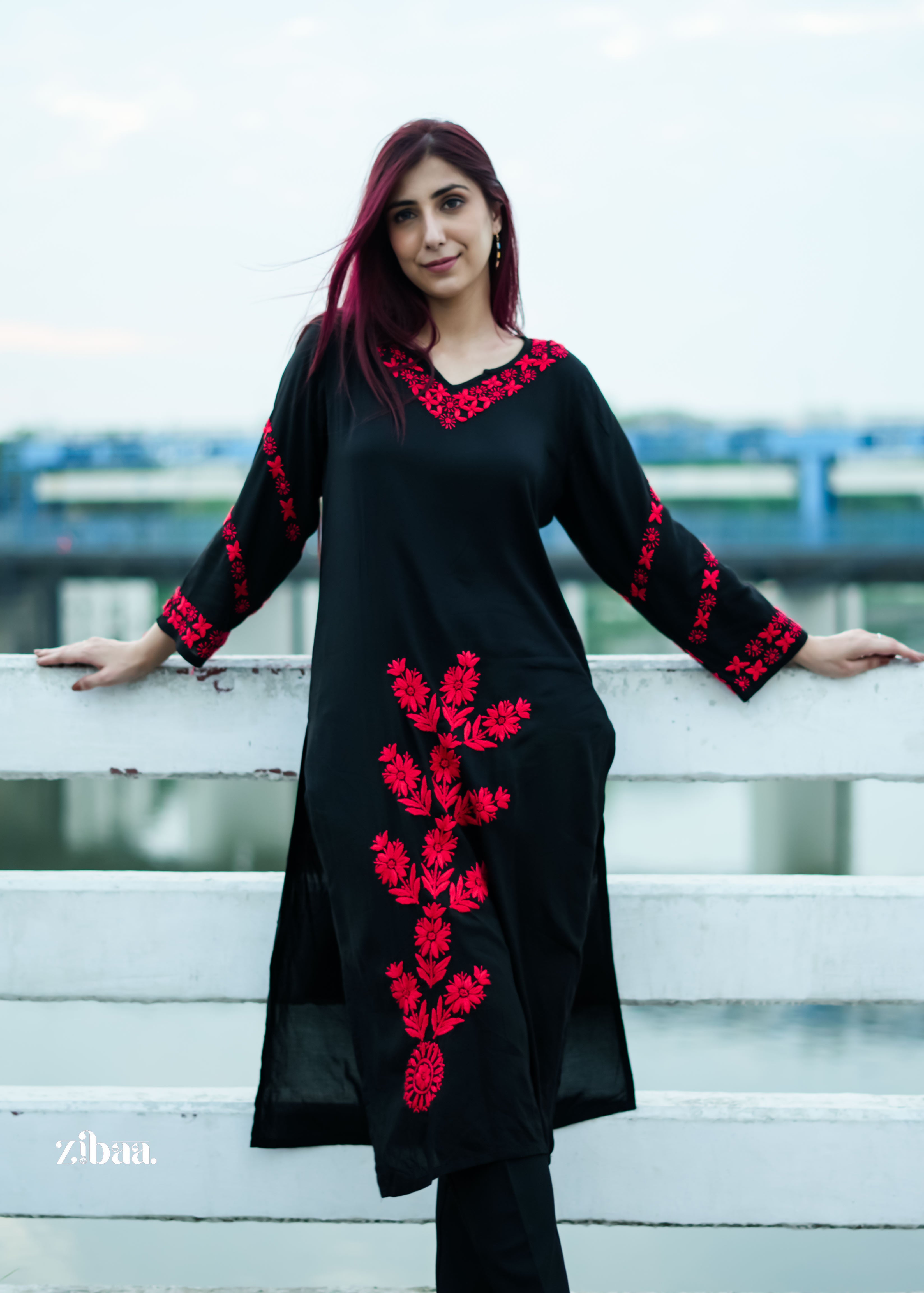 Zibaa Modal Red & Black Chikankari Kurta