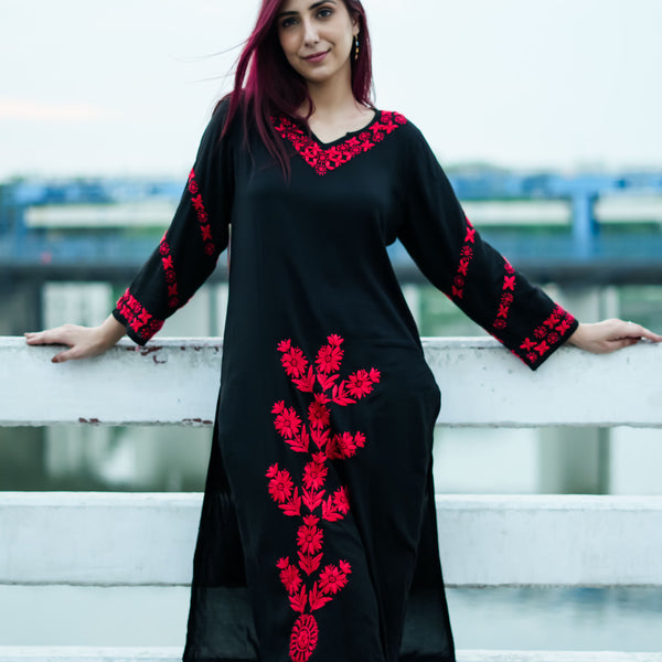 Zibaa Modal Red & Black Chikankari Kurta