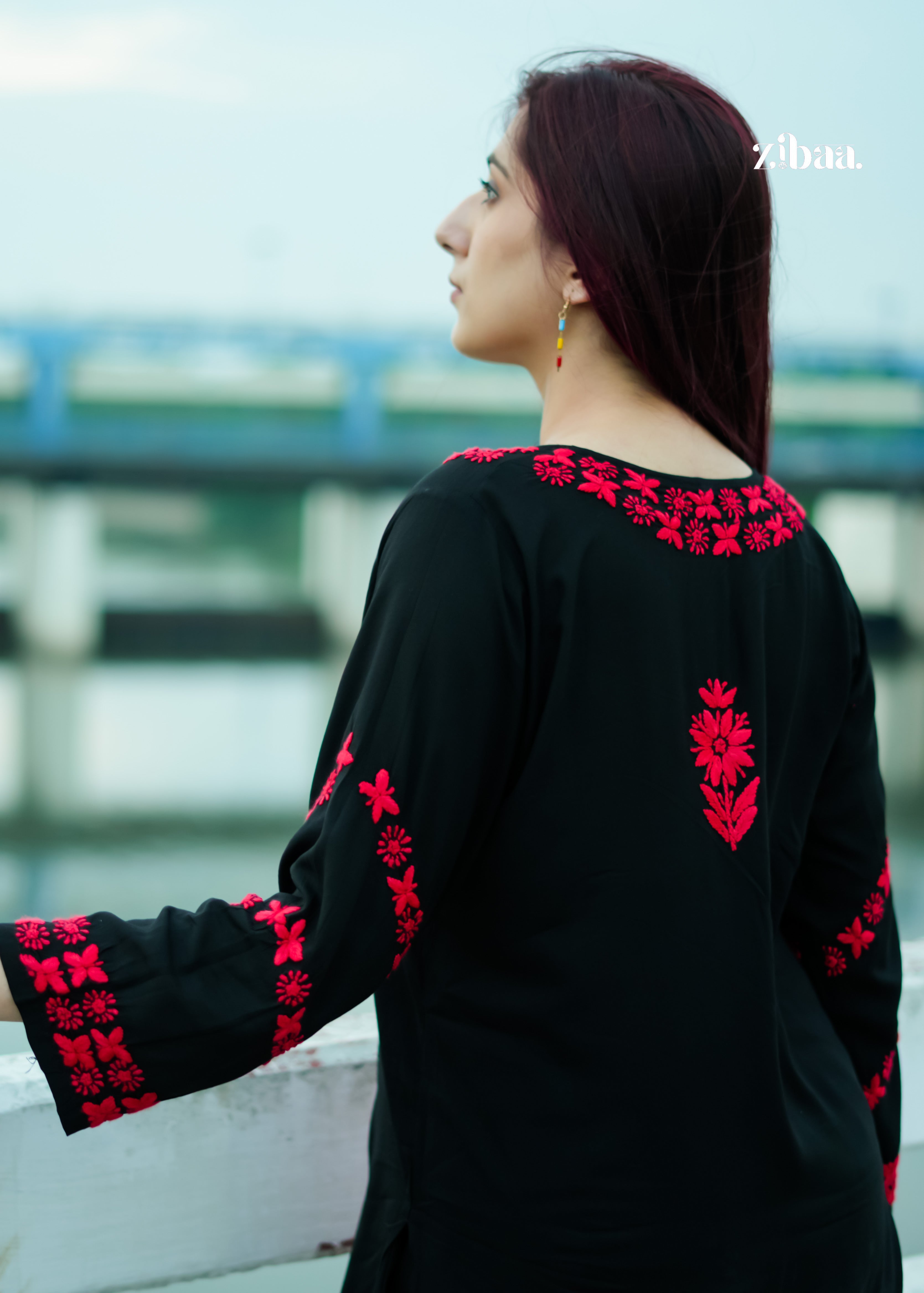 Zibaa Modal Red & Black Chikankari Kurta