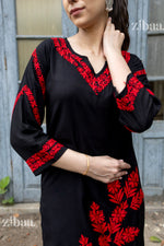 Thumbnail for Zibaa Modal Red & Black Chikankari Kurta