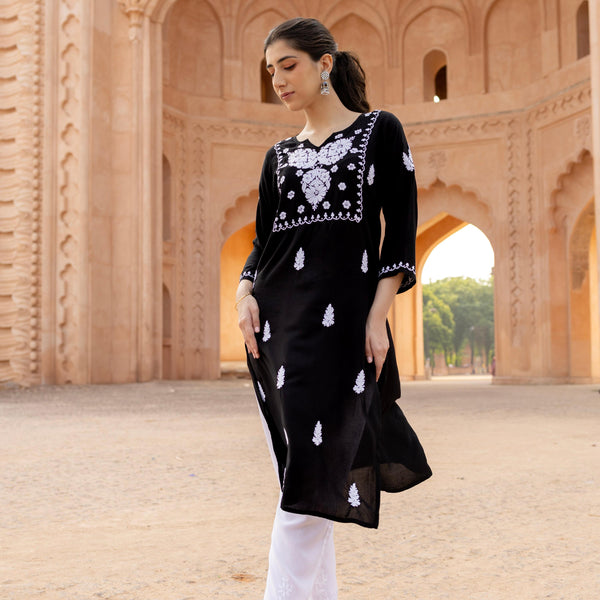 Zibaa Modal White & Black Chikankari Kurti
