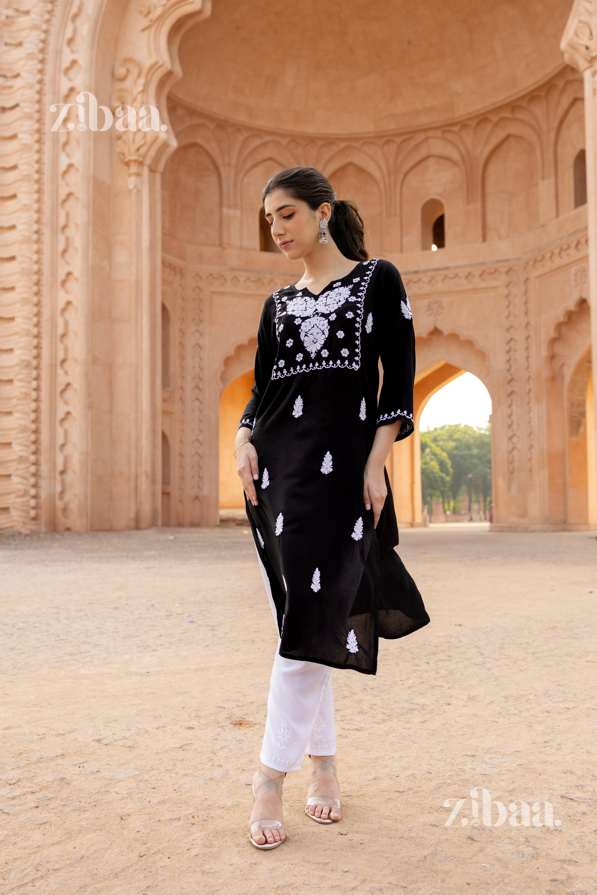 Zibaa Modal White & Black Chikankari Kurti - Distacart