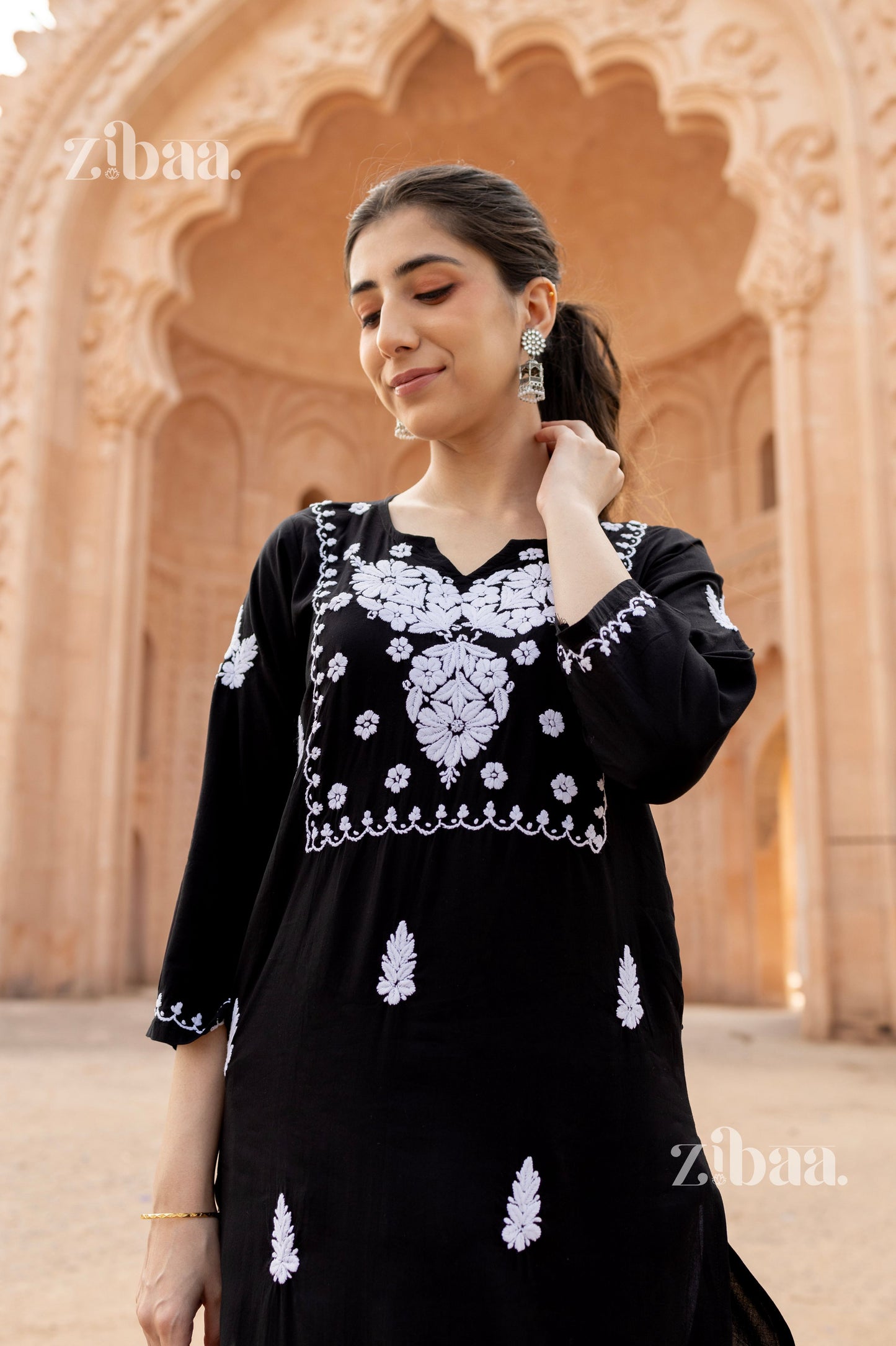 Zibaa Modal White & Black Chikankari Kurti - Distacart