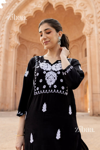 Zibaa Modal White & Black Chikankari Kurti - Distacart