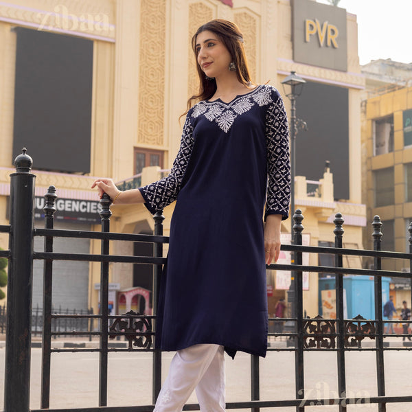 Zibaa Rayon Chikankari Kurti with Jaal work