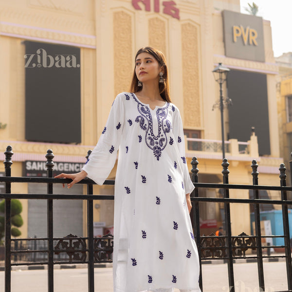 Zibaa Rayon White Chikankari Kurti with small motifs