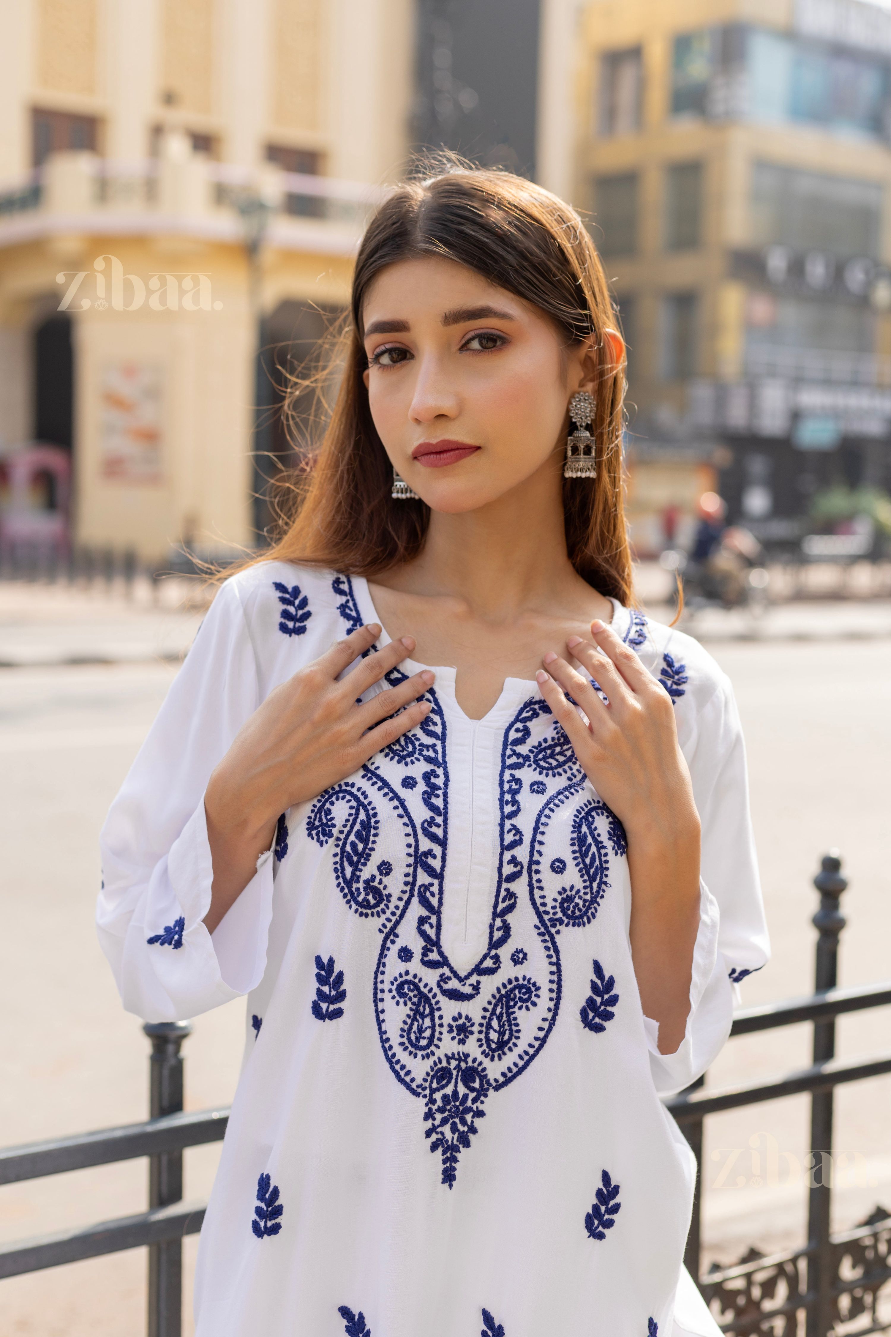 Zibaa Rayon White Chikankari Kurti with small motifs