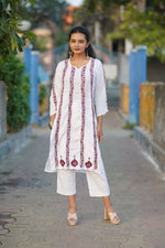 Thumbnail for Zibaa Modal White Chikankari Kurti With Maroon Bel