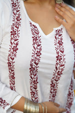 Thumbnail for Zibaa Modal White Chikankari Kurti With Maroon Bel