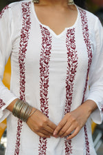 Thumbnail for Zibaa Modal White Chikankari Kurti With Maroon Bel