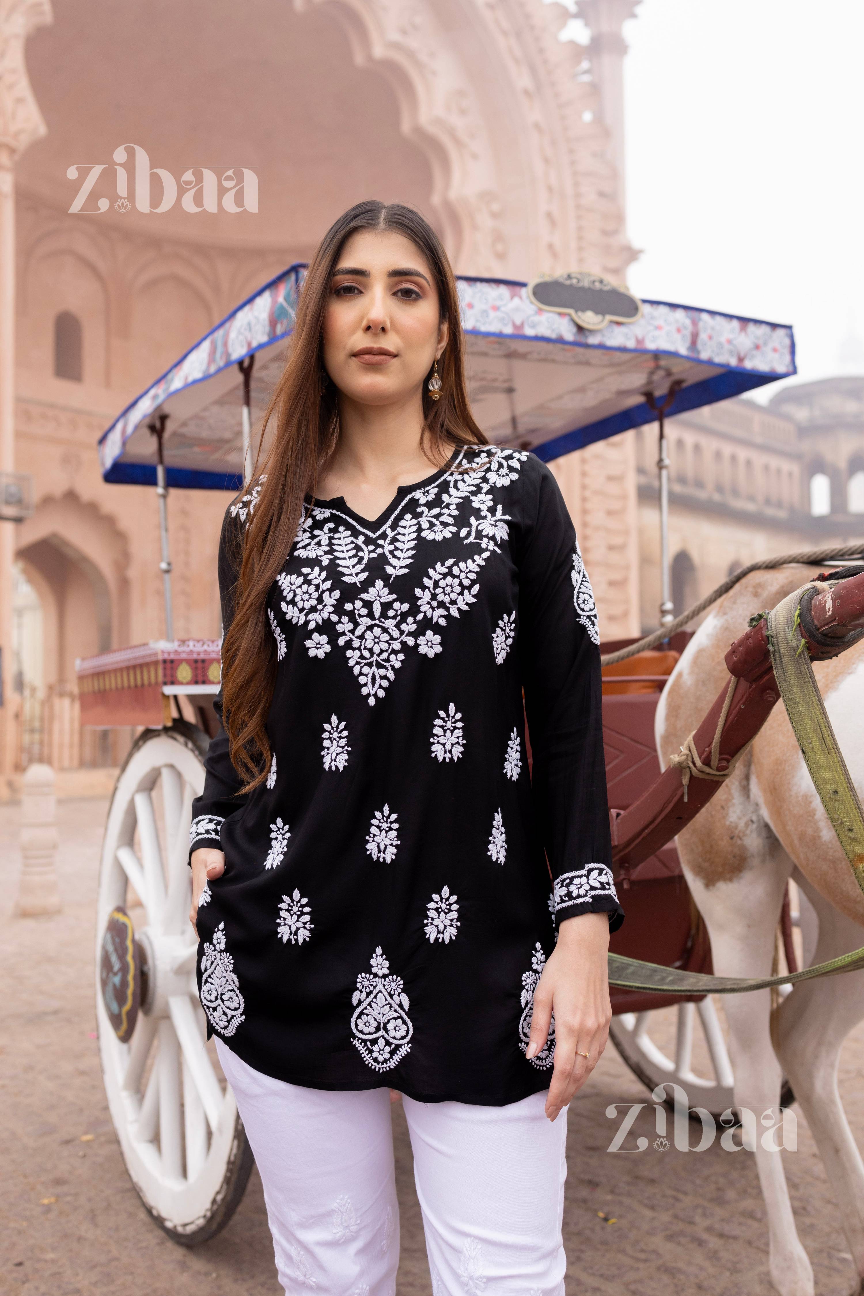 Zibaa Modal Black Short Chikankari Kurti