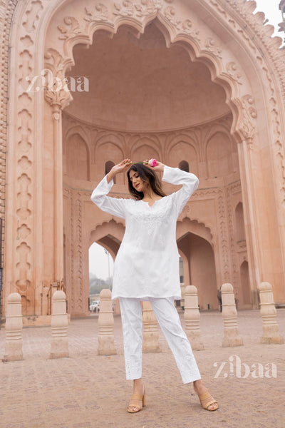 Zibaa Modal White Short Chikankari Kurti