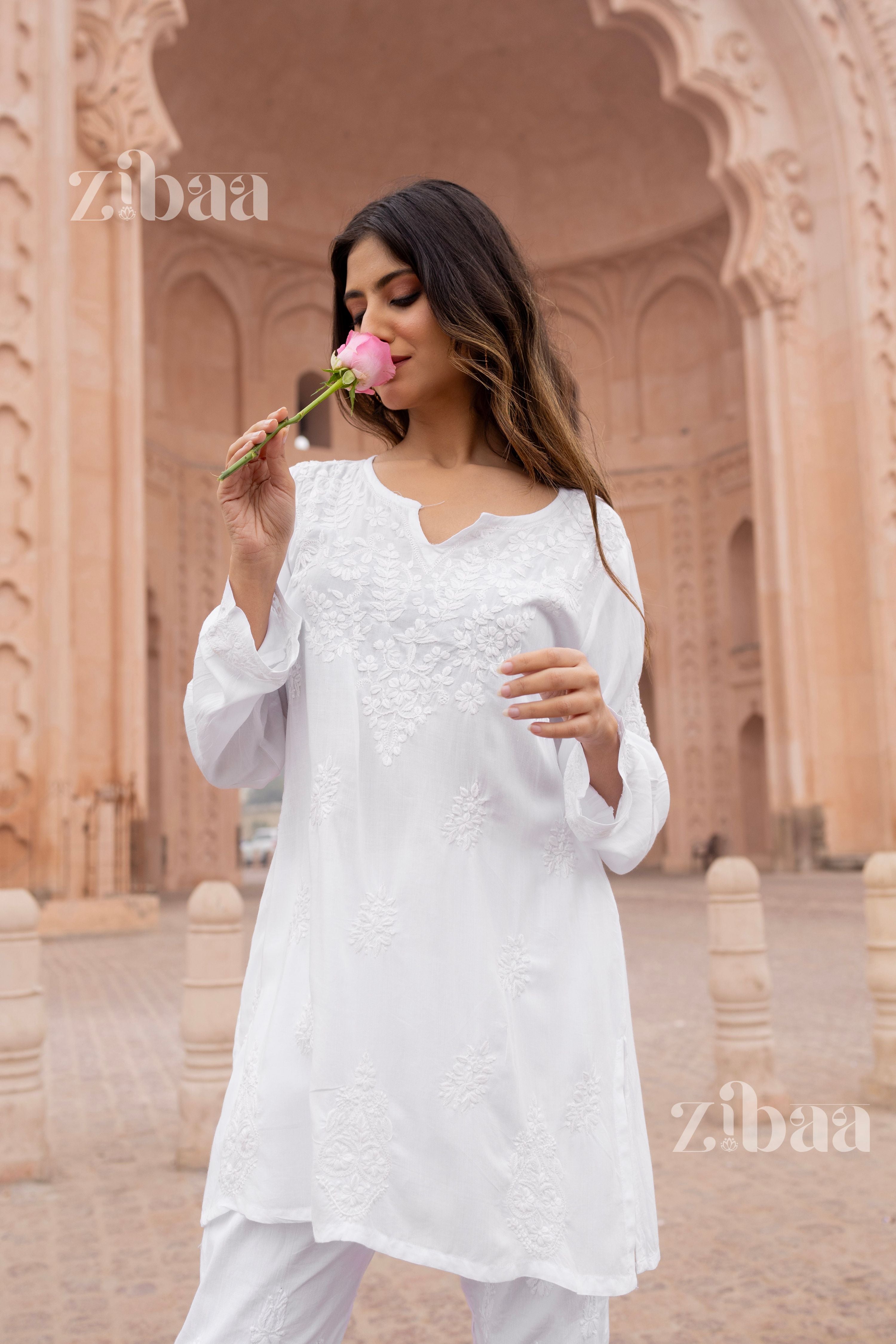 Zibaa Modal White Short Chikankari Kurti