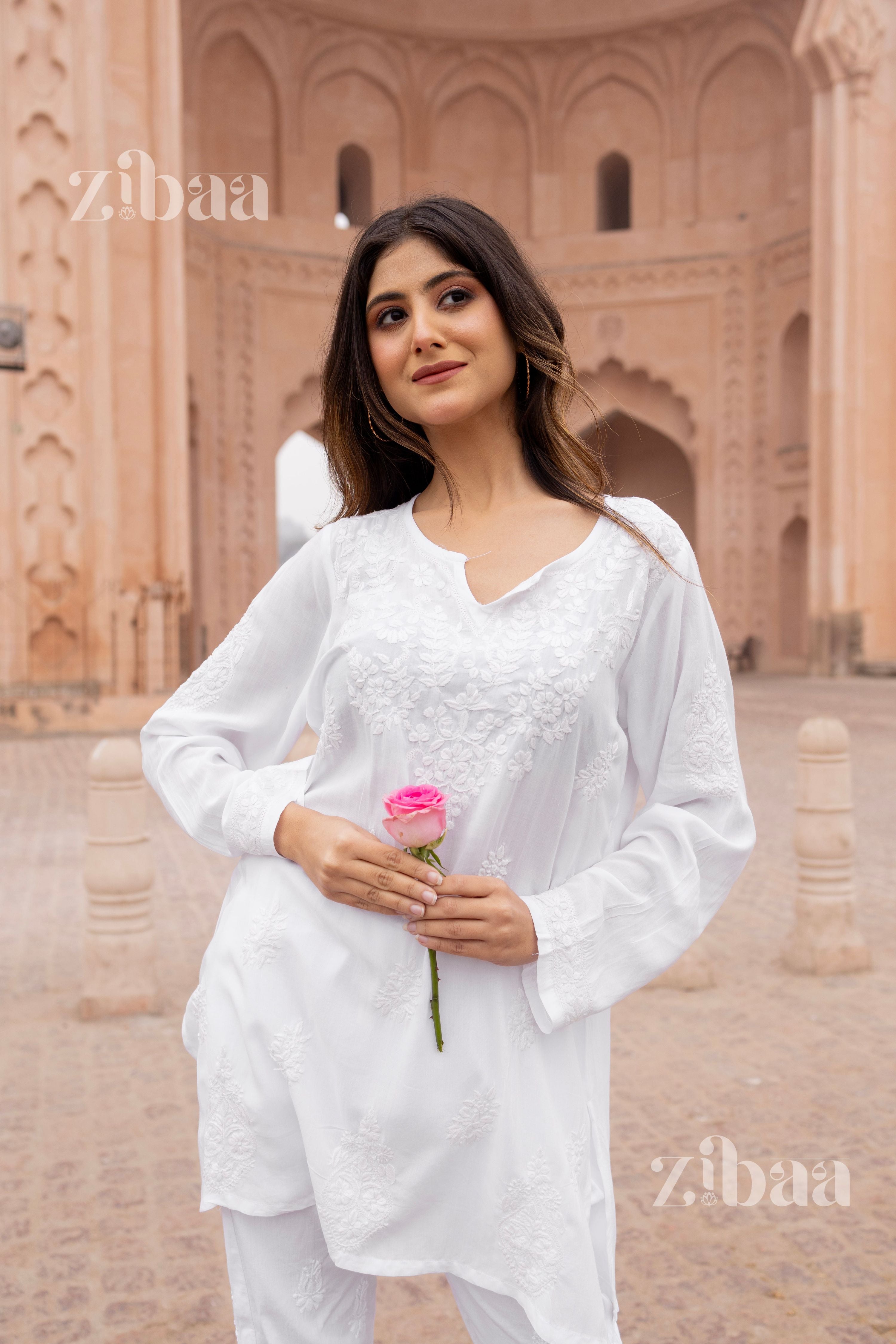 Zibaa Modal White Short Chikankari Kurti