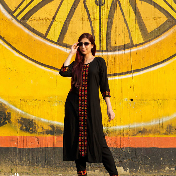 Zibaa Luxury Rayon Black Chikankari Kurta Set